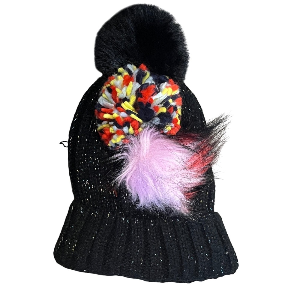 BP Pick A Pom Beanie Black Knit with Glitter and 3 Interchangeable Poms